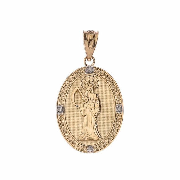 10K Solid Gold Oval Santa Muerte Diamond Small Pendant - Yellow, Rose, or White
